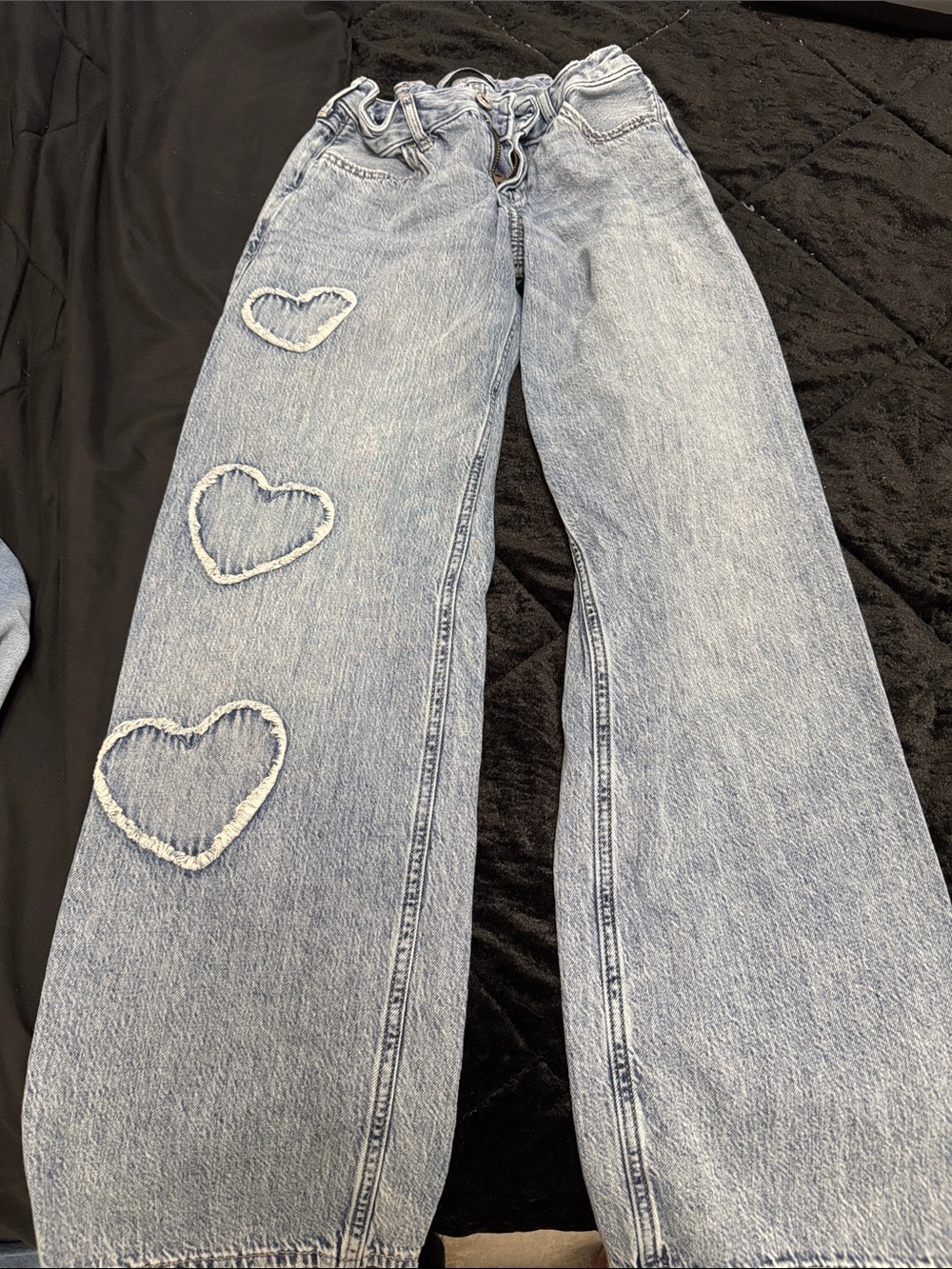 abercrombie kids light blue wide-leg jeans with heart appliqués
